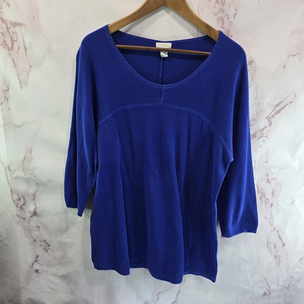 Chicos Sweater Women XL 3 Blue Indigo Lightweight Round Neck Seam Cotton